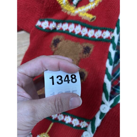 Vintage Christmas Cardigan Sweater Size L Marisa Christina Bead Embroidered Bear - Picture 12 of 12